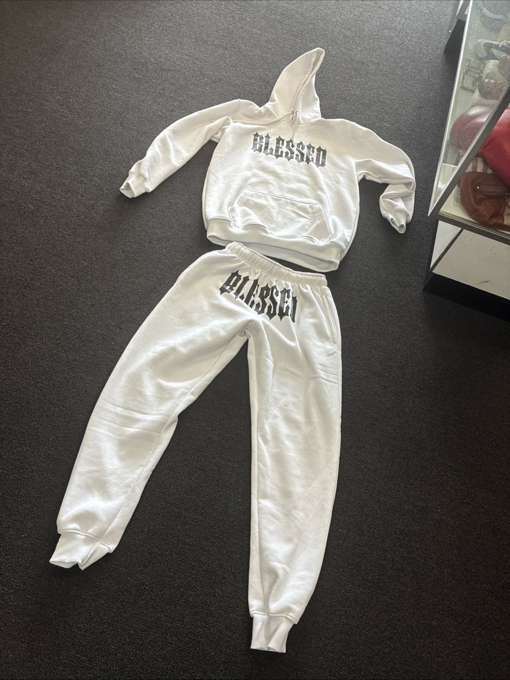 Men’s Rare Blessed hoodie Outfit White And Black Big Logos Pants & Hoodie Used